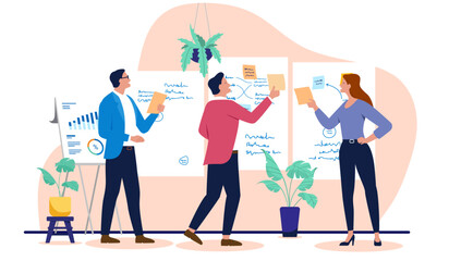 Business team using and attaching sticky notes to whiteboards, collaborating on a development strategy in a modern creative workshop, flat design vector illustration on white background