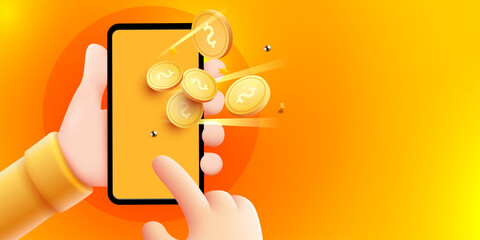 Mobile banking concept A cartoon hand interacts with a smartphone, showing golden coins flying out. Vector illustration.