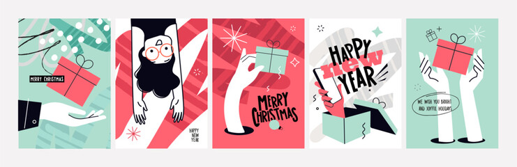 Christmas and New Year Greeting Cards. Fun vector illustrations for greeting card, party invitation card, website banner, social media banner, marketing material.