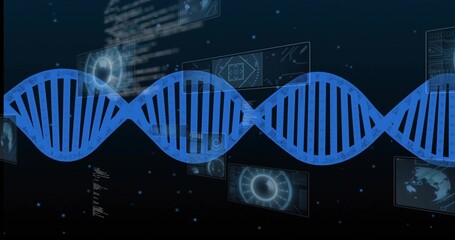 Stretching large blue DNA double helix spanning virtual research interface, showing HUD and radar