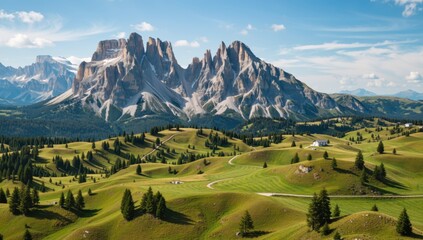 Picturesque landscape of the italian alps with green hills and majestic mountains in the background