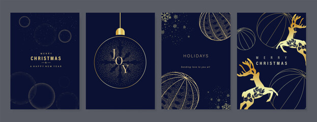 Christmas Luxury gold invitation card design vector. Christmas pine leaves, snowflake with gold foil and spot texture on navy blue background. Design illustration for cover, print, poster, ads.