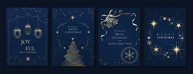 Christmas Luxury gold invitation card design vector. Christmas pine leaves, snowflake with gold foil and spot texture on navy blue background. Design illustration for cover, print, poster, ads.
