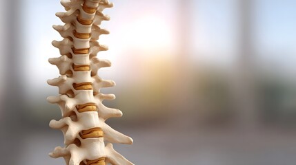 Close up detailed view of a human vertebral column model showcasing bone structure and intervertebral discs in soft lighting