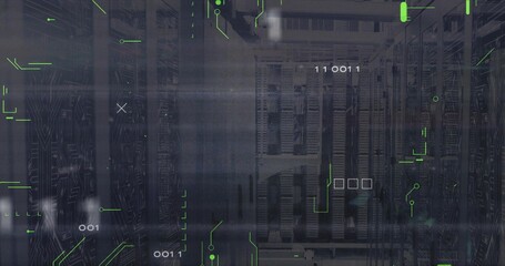 Displaying central server racks streaming data inside datacenter, with LED lights and HUD overlay