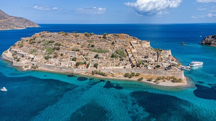 Spinalonga Venetian Fortress. Pristine Waters. Aerial Take Shot. Crete. Greece