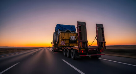 Heavy haul truck transporting an oversized cargo on a highway at scenic sunset. Logistics and cargo transportation concept for global trade.