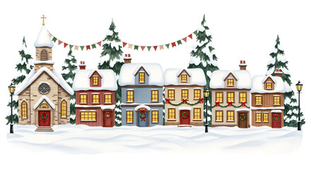 Charming winter village scene with a church, houses, snowcovered ground, and evergreen trees, decorated for the holidays