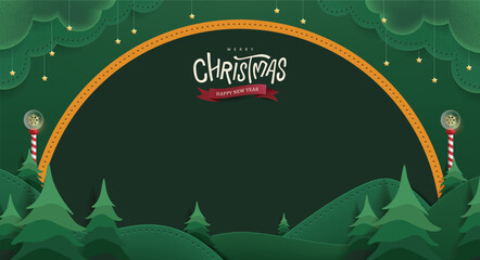 Dark green Christmas banner background with pine trees forest in paper cut style, night sky, hanging stars, red arch frame, and striped candy pole decoration for holiday greeting card 