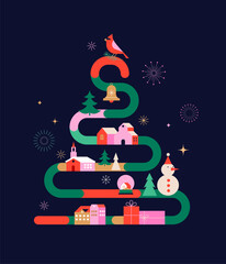 Merry Christmas and Happy New Year 2026 template. Christmas tree in modern minimalist geometric style.