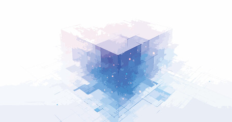 Abstrakcyjny geometryczny sześcian z niebieskimi i fioletowymi odcieniami na białym tle, nowoczesny design