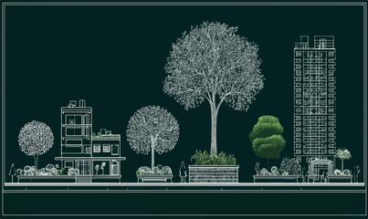 Architektoniczny szkic miasta z drzewami i budynkami, pokazujący zieleń miejską i architekturę.