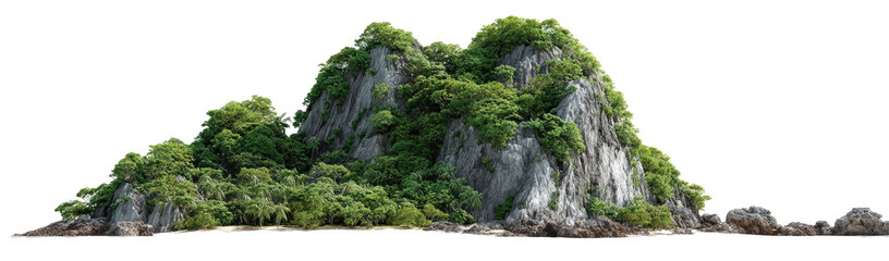 Lush island, rocky outcrop