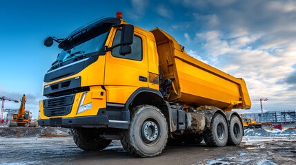 Heavy duty yellow hauling vehicle positioned on a construction site under a dramatic sky
