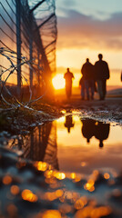 Silhouettes of people walking past a barbed wire fence at sunset, reflected in a puddle. 
