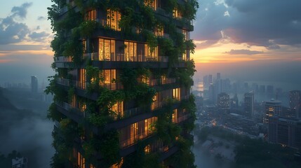 Modern Vertical Forest Skyscraper at Sunset Over City Skyline