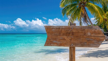 Wooden sign set against a tropical ocean scene, ideal for travel-themed designs