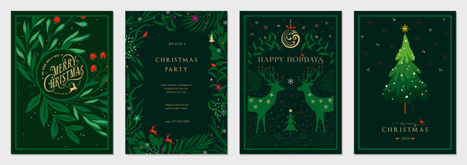 Corporate Holiday cards with Christmas tree, reindeers, birds, ornate floral frames, background and copy space. Universal artistic templates. 