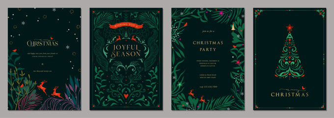 Elegant Botanicals Holiday cards. Abstract creative templates with Christmas tree, reindeers, birds, ornate floral frames and backgrounds.