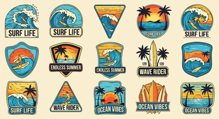 A large collection of colorful, retro surf life emblems and patches featuring surfers, waves, tropical palm trees, and sunsets