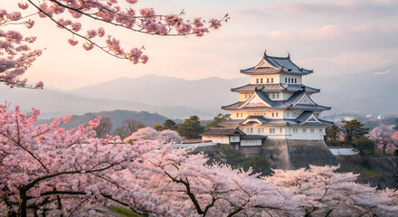 Cherry Blossoms Blooming At A Japanese Castle In Spring Background