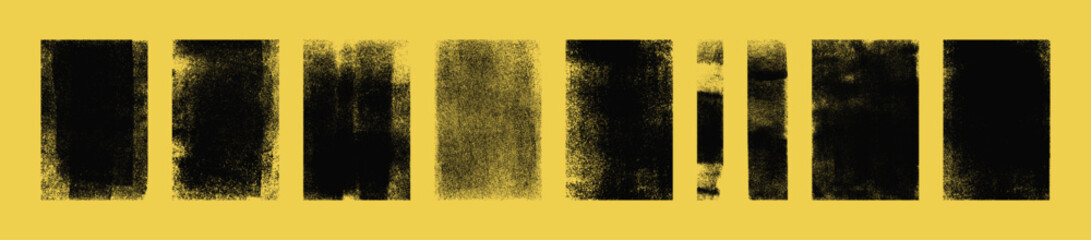 Set of grunge rolled ink stamp textures handmade with brayer. Letterpress vintage rough rectangle vertical backgrounds. Linocut relief printing shapes vector illustration isolated on yellow background