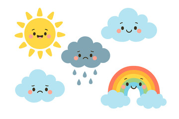 Charming weather icons featuring happy sun, sad rain cloud, and smiling rainbow