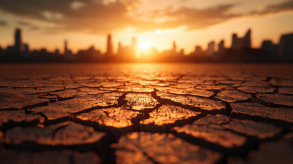 Dramatic sunset over city skyline with cracked earth in foreground. desolate view of drought and climate change