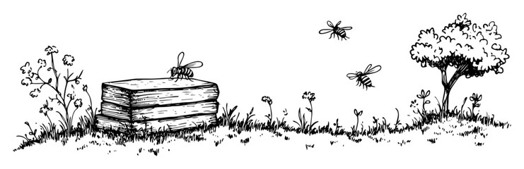 honey beehive in meadow hand drawn doodle sketch vector black shape