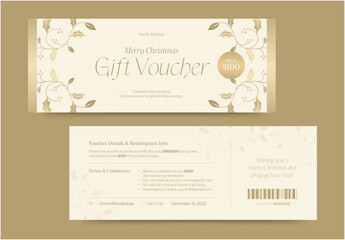 Elegant Cream and Gold Christmas Gift Voucher Template with Holly Leaves and $100 Value Tag