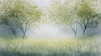 Serene watercolor grove peaceful meadow illustration evoking calm nature and gentle airy beauty
