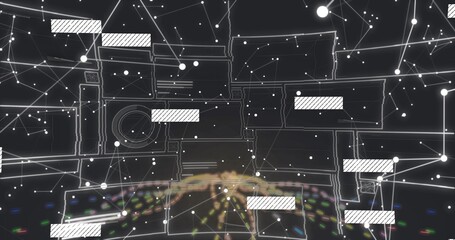 Displaying holographic network visualization on dark console, showing floating UI panels, nodes