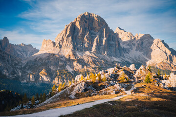 Sunset at Tofane mountains group. Dolomites, Cortina d'Ampezzo, Veneto, Italy.