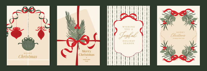 Christmas and Happy New Year greeting card vector set — cream and red classic Christmas frames with pine leaves and ribbons, festive theme for cards, posters and packaging.