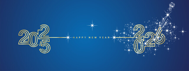 New year event 2026 compact golden triple line design in shape of foreward arrow backward for 2025. Concept of new year transition white champagne sparkle firework golden blue vector greeting card