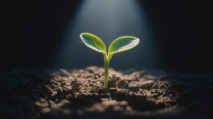 A small seedling emerging from the soil under a spotlight.