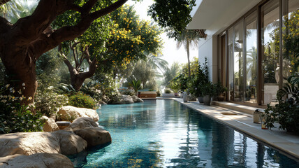 Serene garden with a tranquil pool and lush greenery