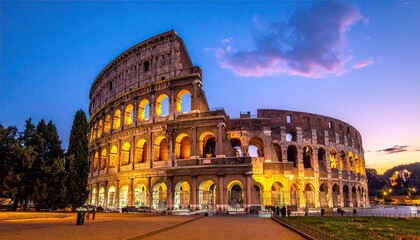 Illuminated Colosseum at Twilight in Rome Italy Ancient Stone Architecture Historical Landmark with Dramatic Sky and Warm Golden Light against Dark Blue Sky