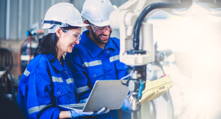 Engineers mechanic using computer controller Robotic arm for welding steel in steel factory workshop. Industry robot programming software for automated manufacturing technology