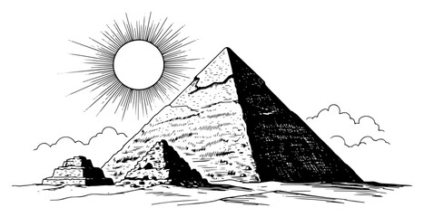 Hand Drawn Vector Sketch of Ancient Egyptian Pyramids in Desert with Sun