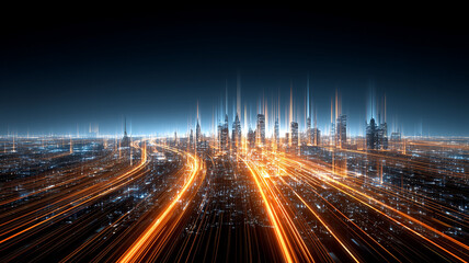 A panoramic city view illuminated by flowing orange light trails symbolizing connectivity, infrastructure evolution and digital transformation at scale. 