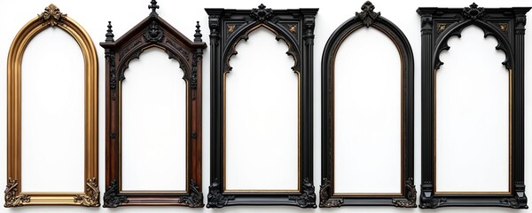 Ornate gothic style picture frames isolated. Wooden frames in various colors with carvings. Design elements for art museum or vintage decor. Architecture details for a gallery.