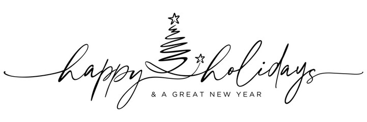 Modern Minimalist Happy Holidays continuous line handwritten calligraphy, black with Christmas tree for Christmas Holiday New year, card, E-mail signature, printable, isolated on white background