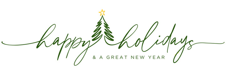 Modern Minimalist continuous line handwritten calligraphy with Christmas tree for Christmas Holiday New year, card, Social Media, E-mail banner template, E-mail signature, printable, isolated