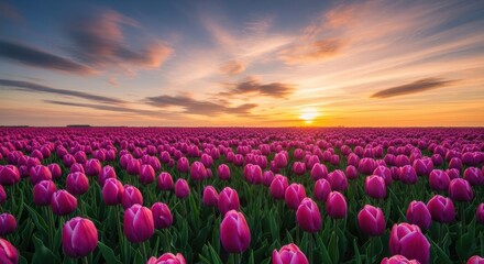 A vibrant field of pink tulips under a dramatic sunset sky.