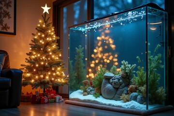 Christmas tree and aquarium decorated with lights in cozy living room 