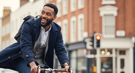 Happy Black professional man commuting on a bicycle in the city, enjoying an eco-friendly urban lifestyle.