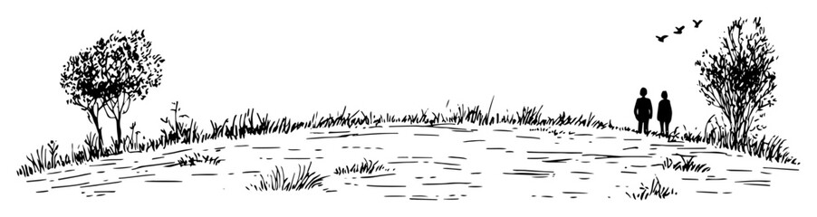 couple walking by the lake hand drawn sketch