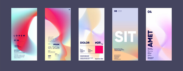 A collection of five modern, abstract posters featuring vibrant gradients and bold typography. Each design showcases a unique blend of colors and text, creating a visually striking and contemporary