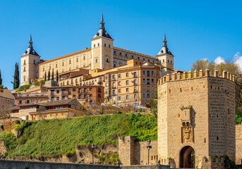 Alcazar of Toledo and Alcantara bridge over Tajo river, Madrid suburbs, Spain